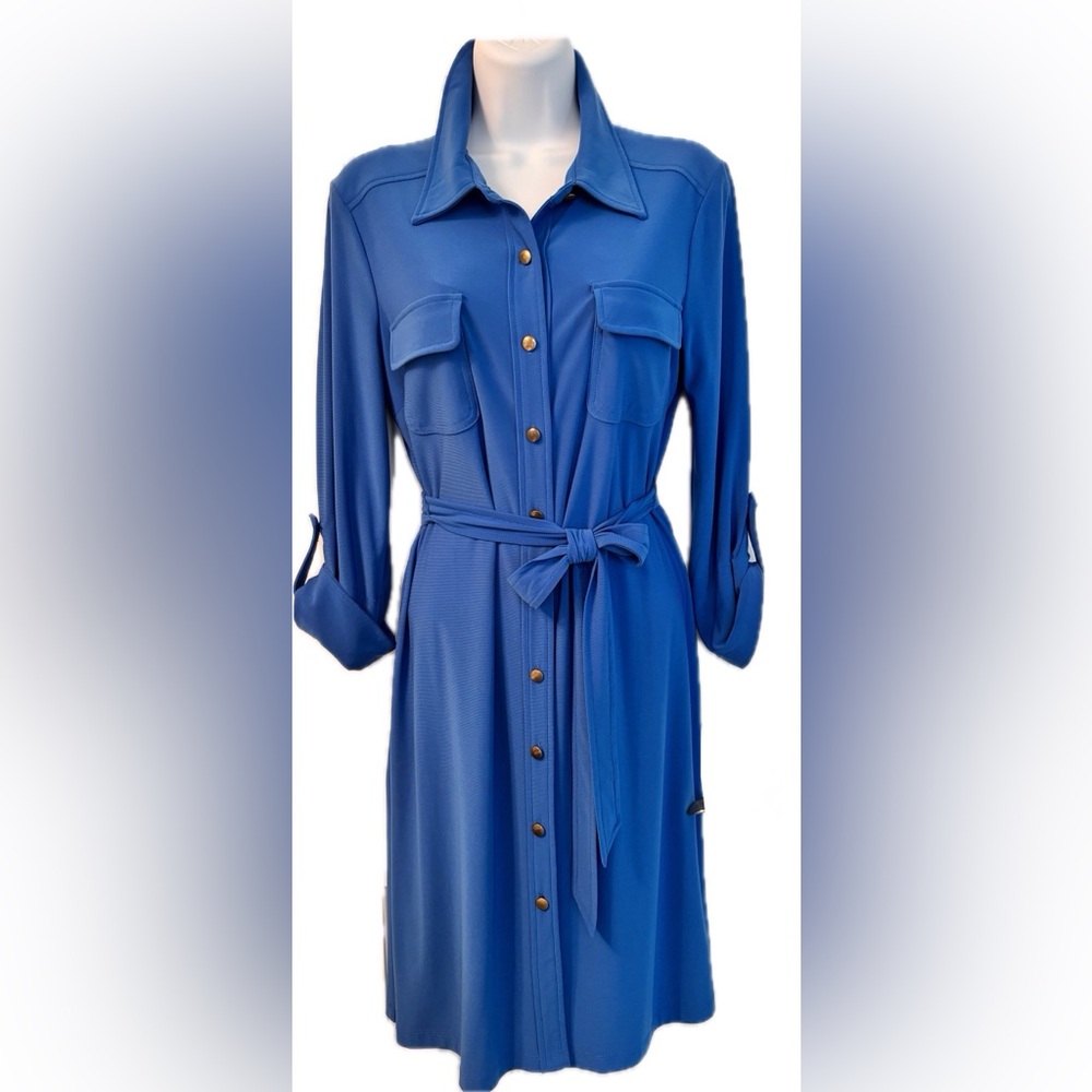 Soho Apparel Royal Blue Long Sleeve Dress with Tabs and Pockets